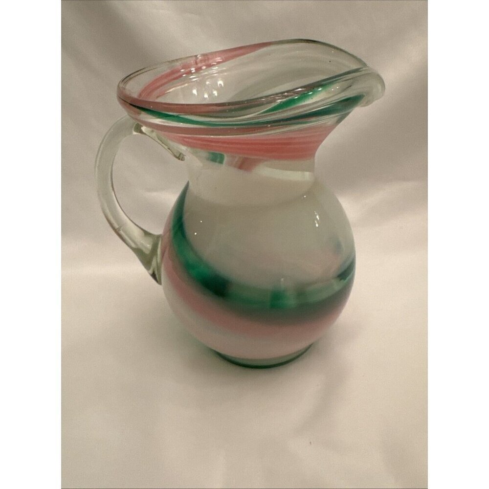 Hand Blown Art Glass Pitcher Pink And White Swirl With Handle 7” Tall - Picture 3 of 5